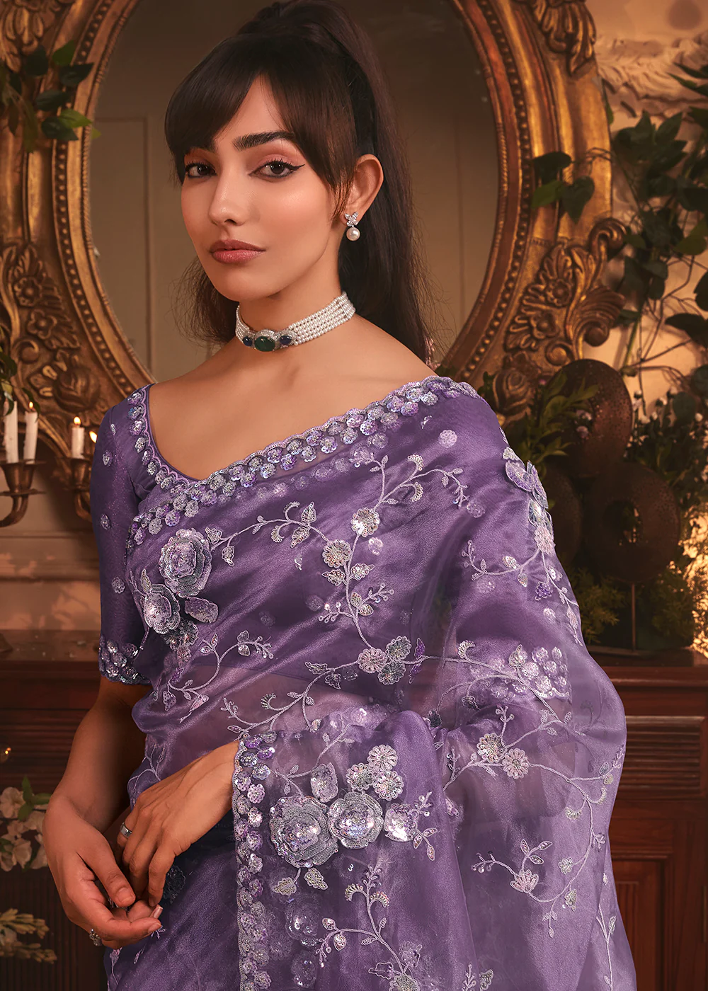 Purple Tissue Organza Silk Embroidered Designer Saree - Image 2