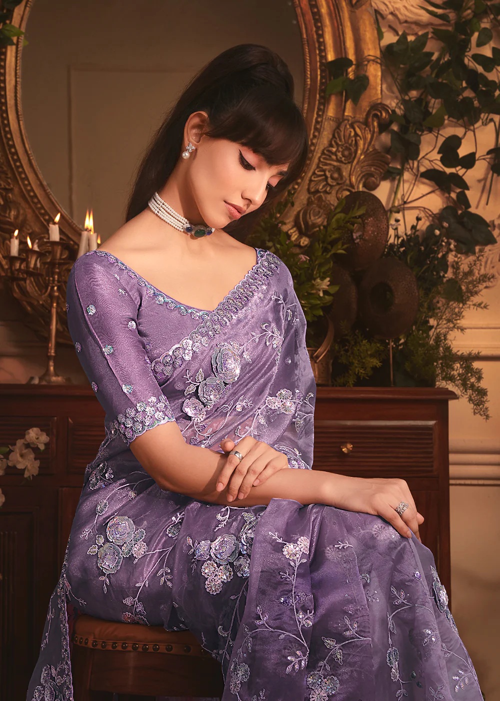 Purple Tissue Organza Silk Embroidered Designer Saree - Image 4