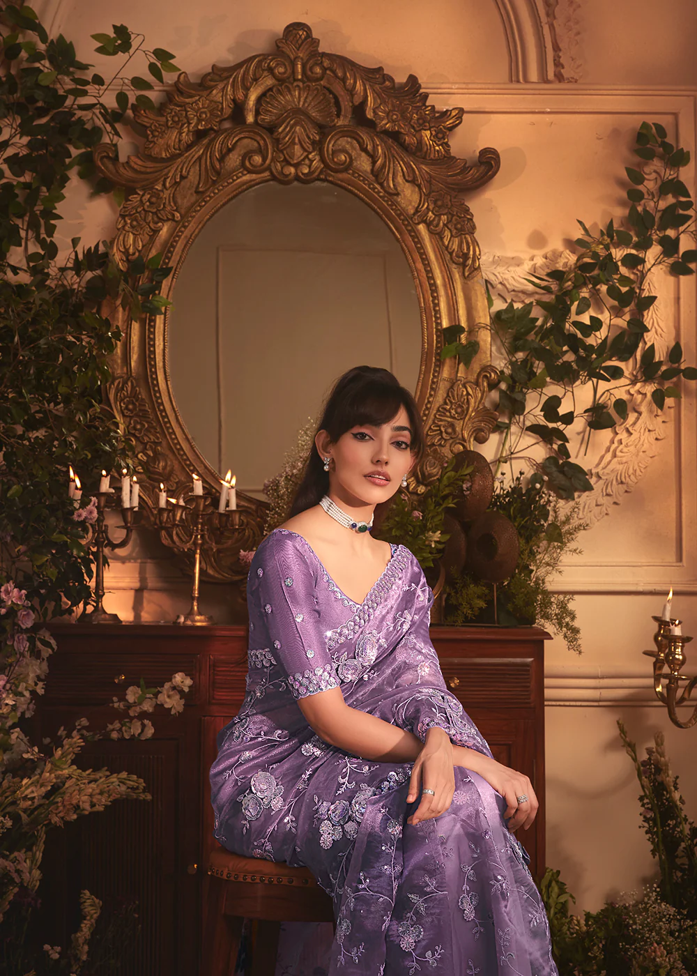 Purple Tissue Organza Silk Embroidered Designer Saree - Image 5