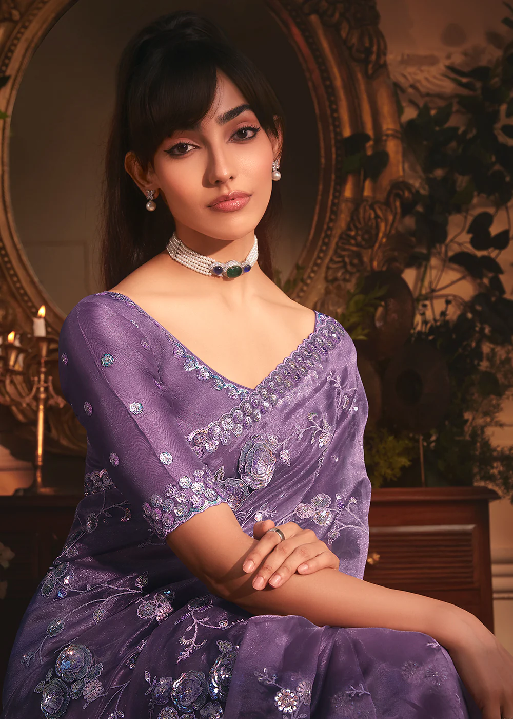 Purple Tissue Organza Silk Embroidered Designer Saree - Image 6