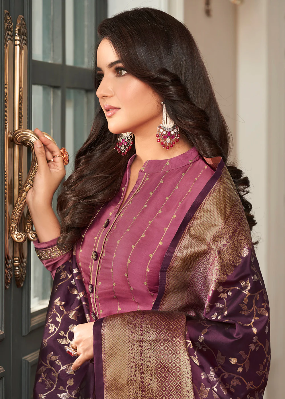 Purple Traditional Silk Embroidered Palazzo Salwar Suit - Image 2