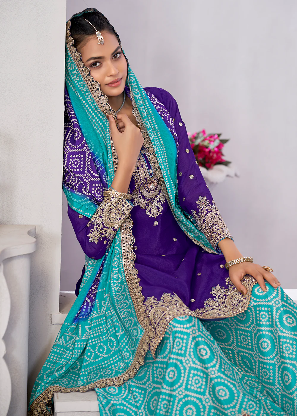 Purple & Turquoise Dabka Dori Work Ethnic Sharara Suit - Image 2