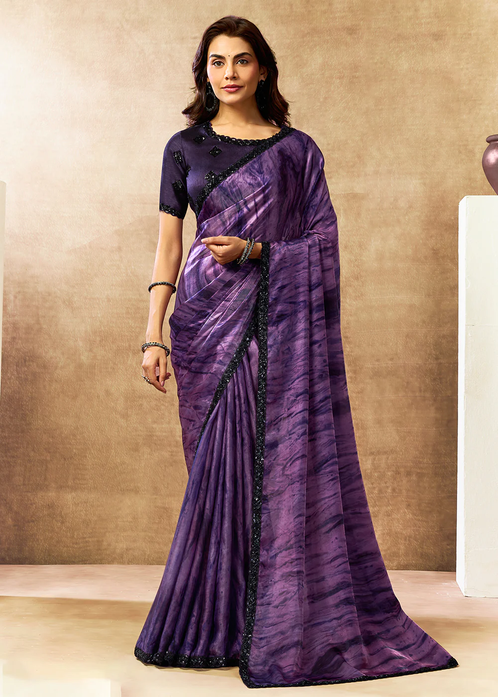 Purple Two Tone Satin Silk Printed & Embroidered Festive Saree