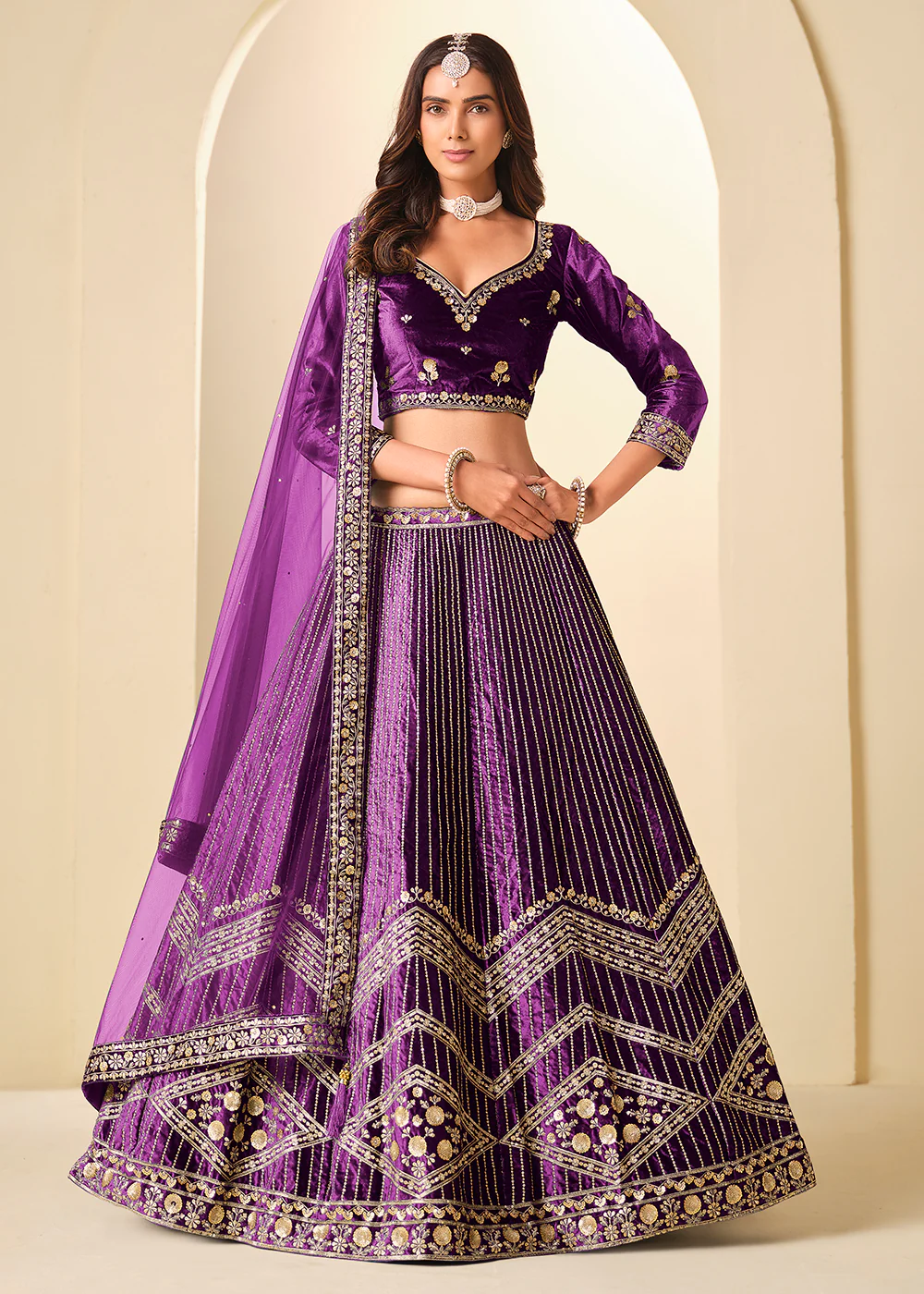 Purple Velvet Beautifully Embroidered Lehenga Choli
