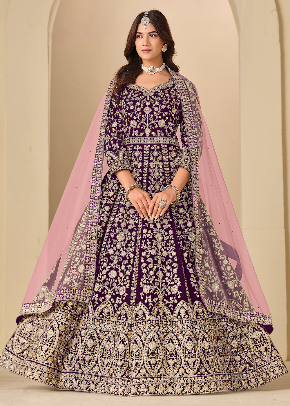 Purple Velvet Embroidered Wedding Party Wear Gown