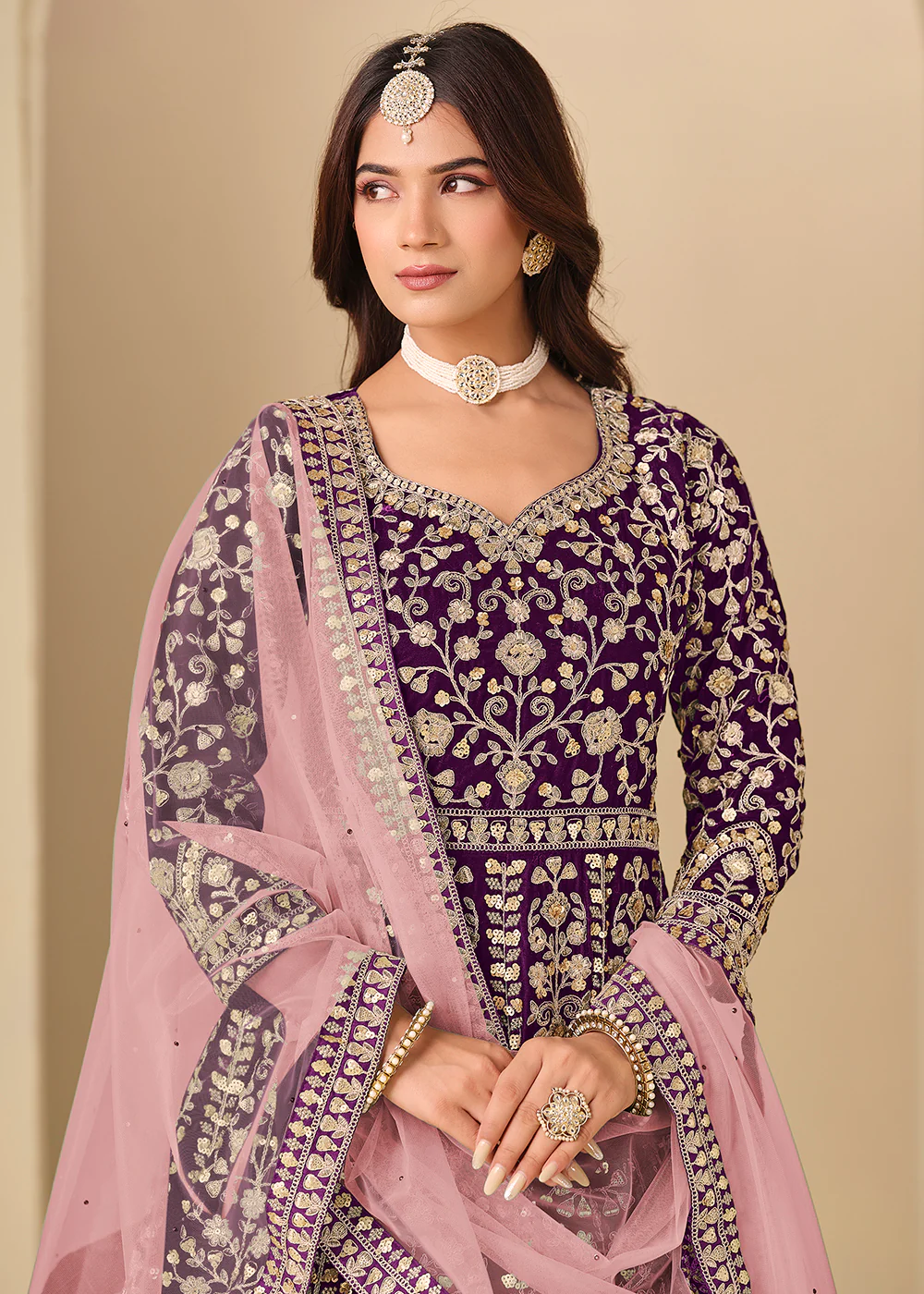 Purple Velvet Embroidered Wedding Party Wear Gown - Image 2