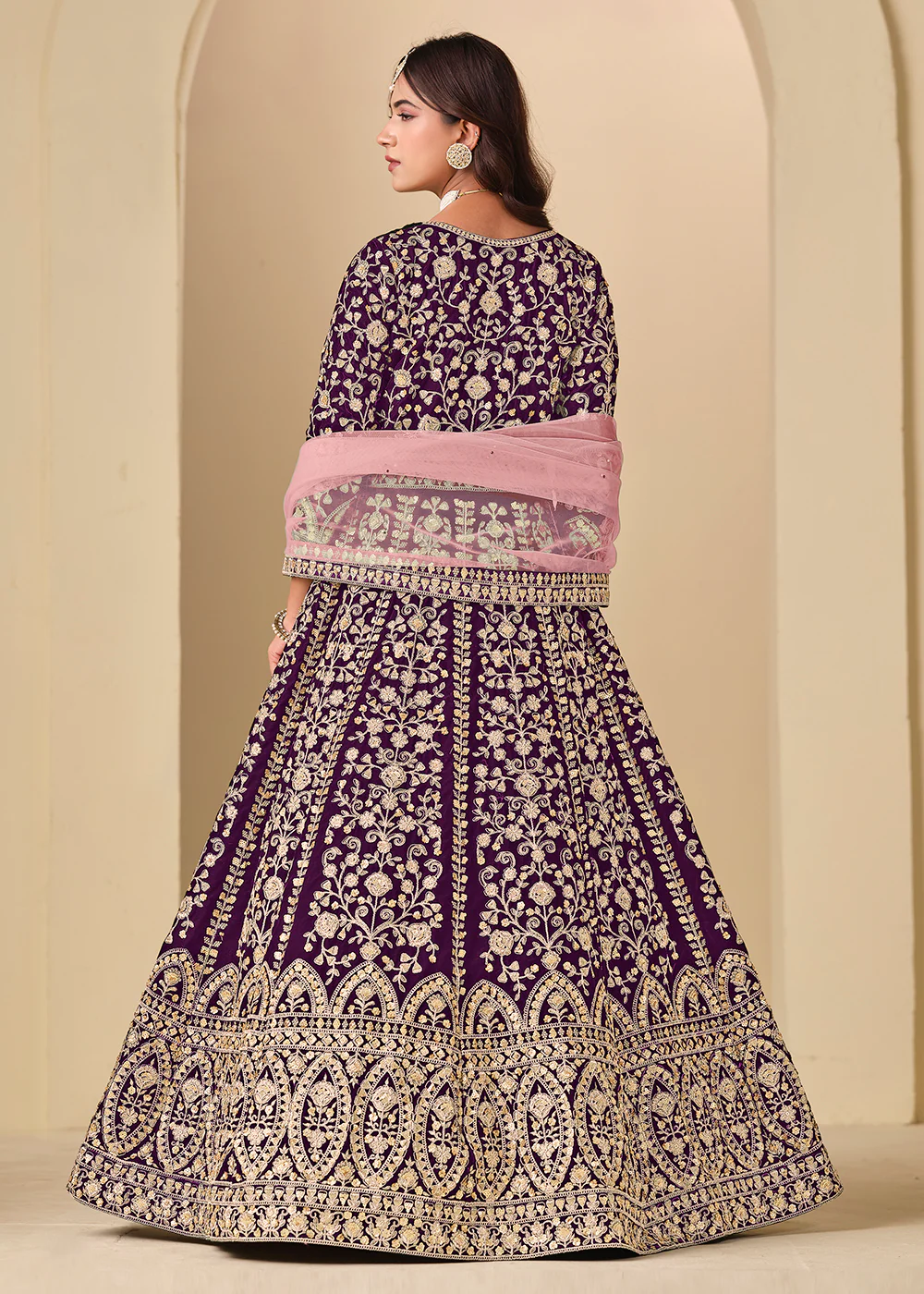 Purple Velvet Embroidered Wedding Party Wear Gown - Image 3