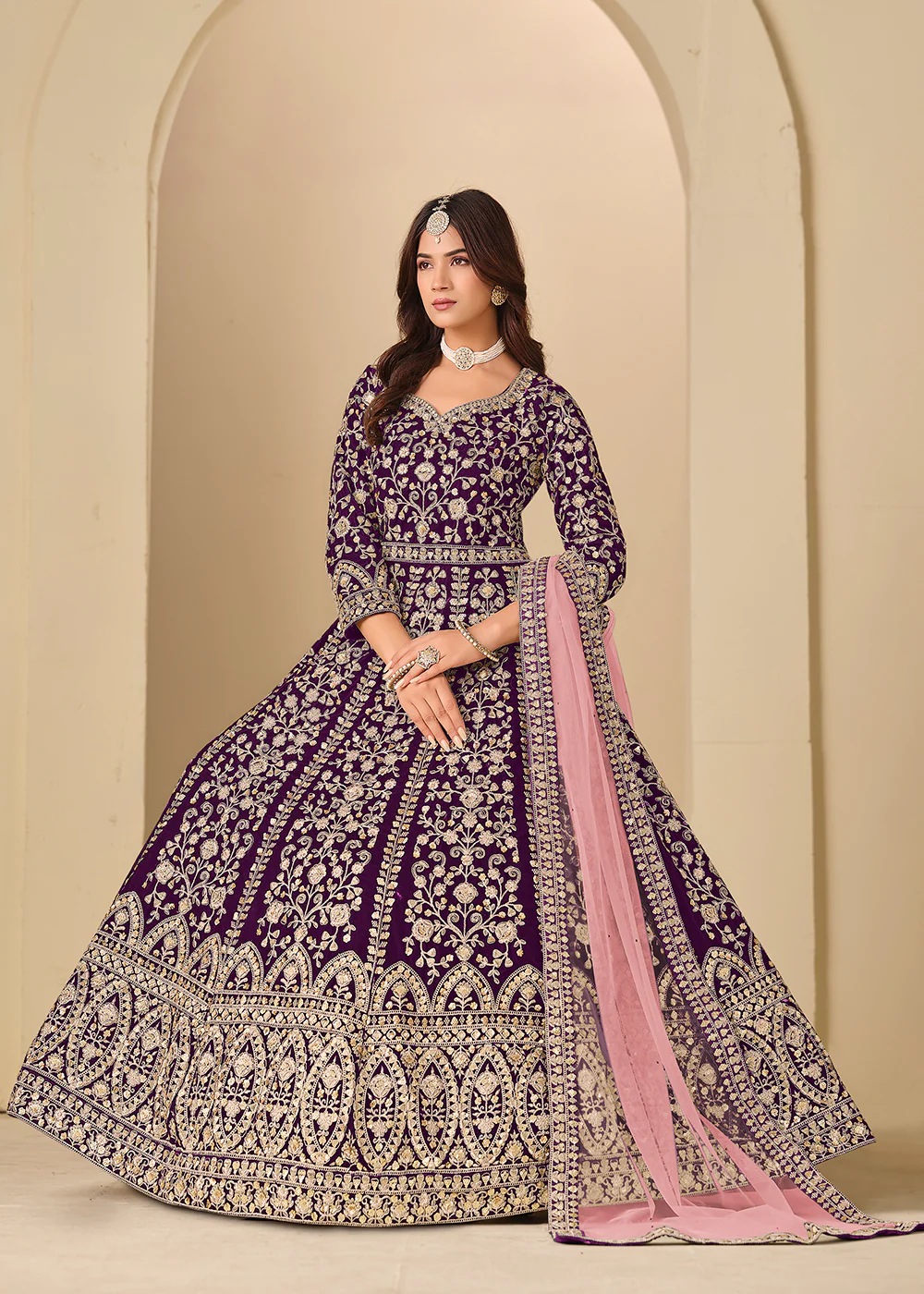 Purple Velvet Embroidered Wedding Party Wear Gown - Image 4