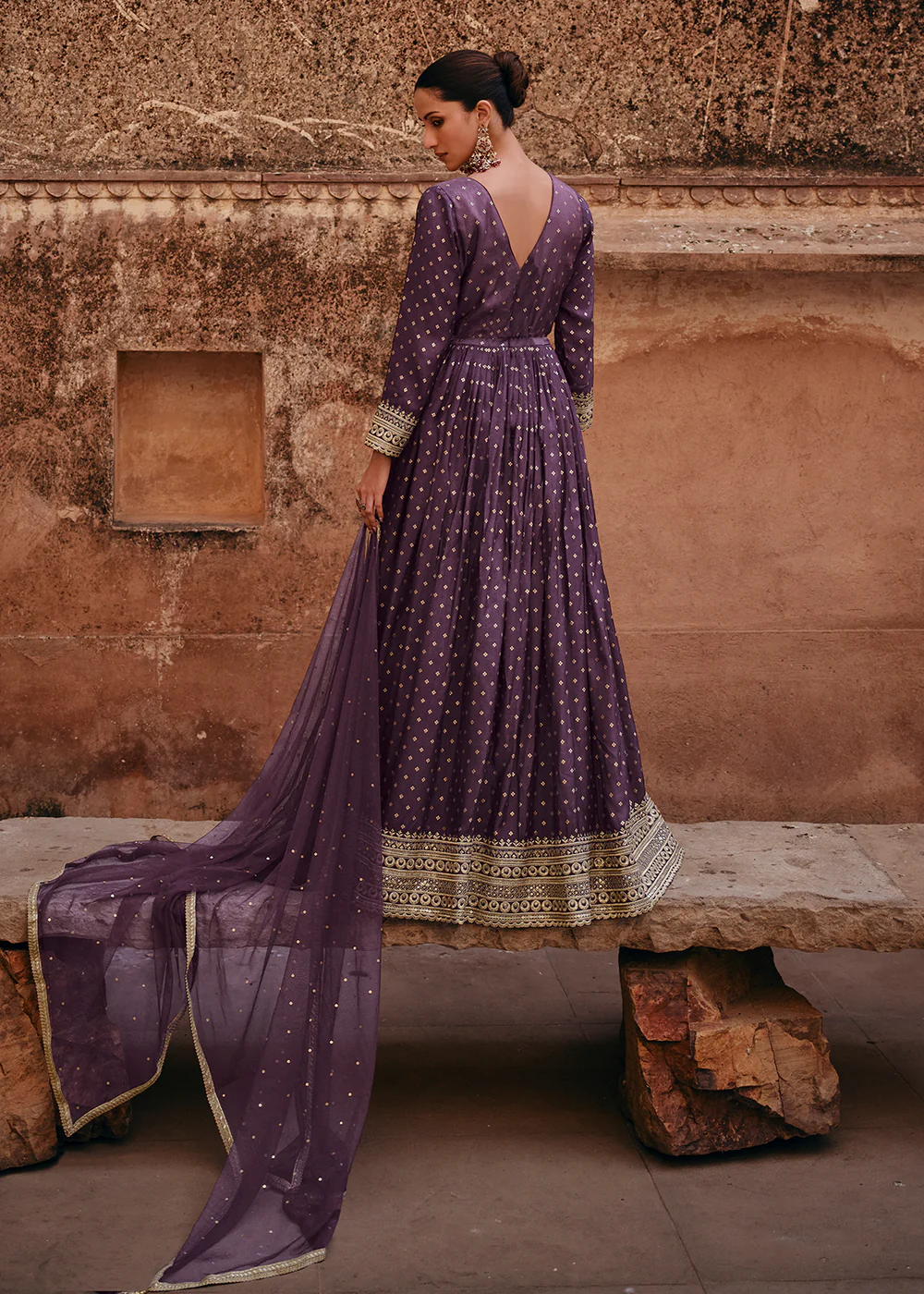 Purple Viscose Jacquard Silk Embroidered Designer Anarkali Suit - Image 3