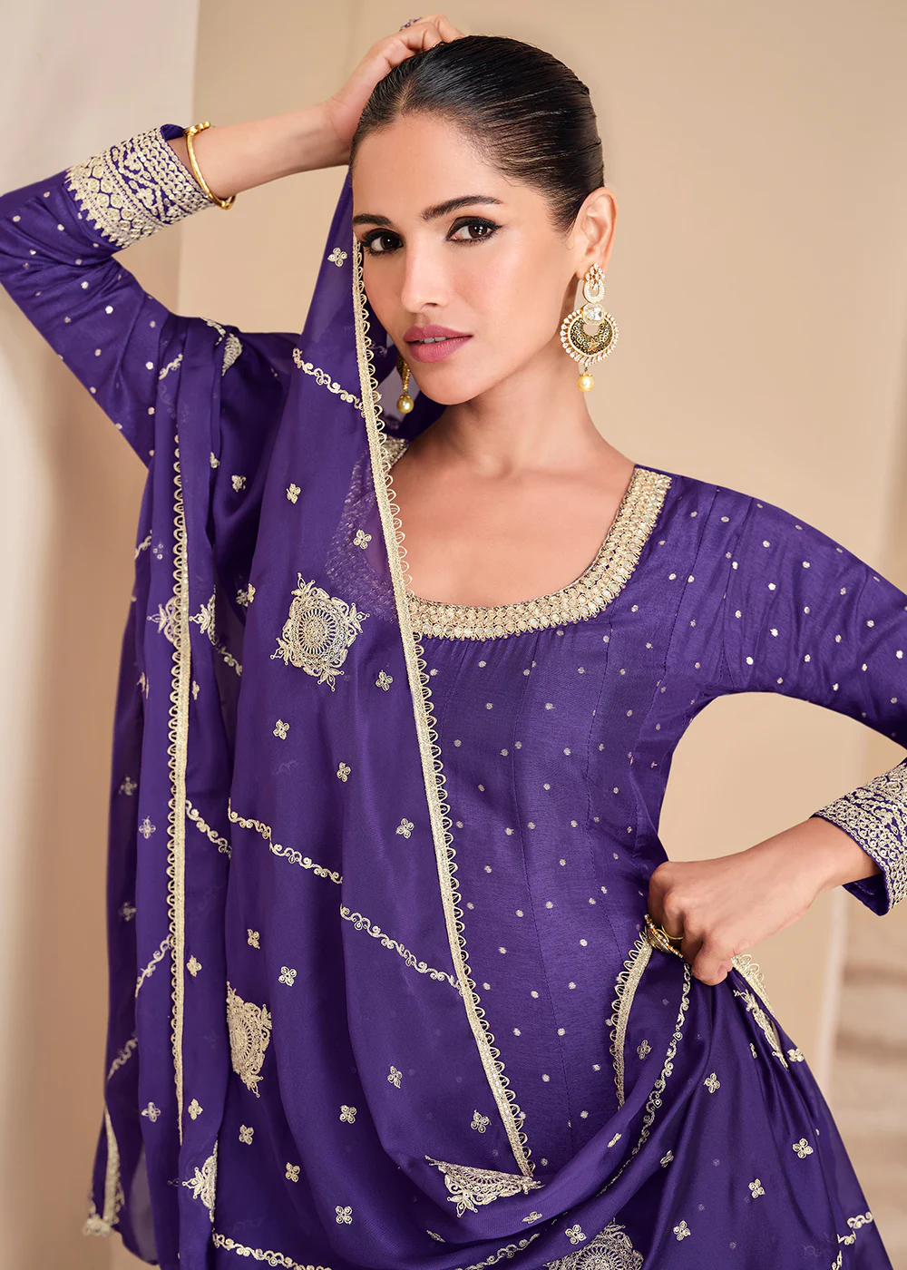 Purple Viscose Jacquard Silk Festive Anarkali Suit - Image 2