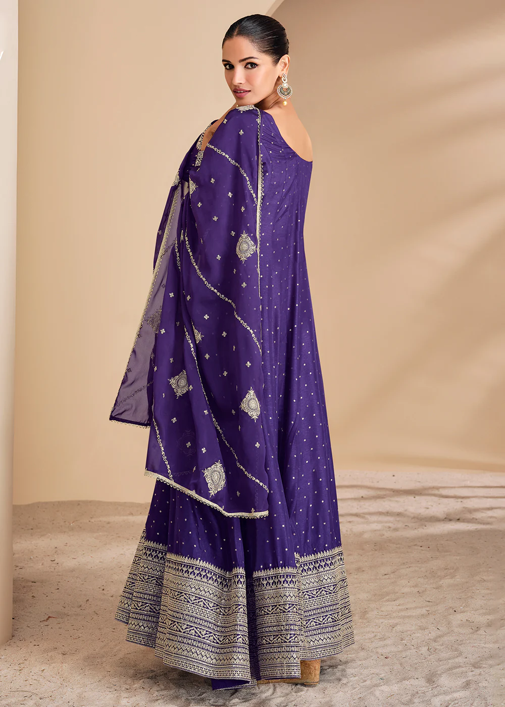 Purple Viscose Jacquard Silk Festive Anarkali Suit - Image 3