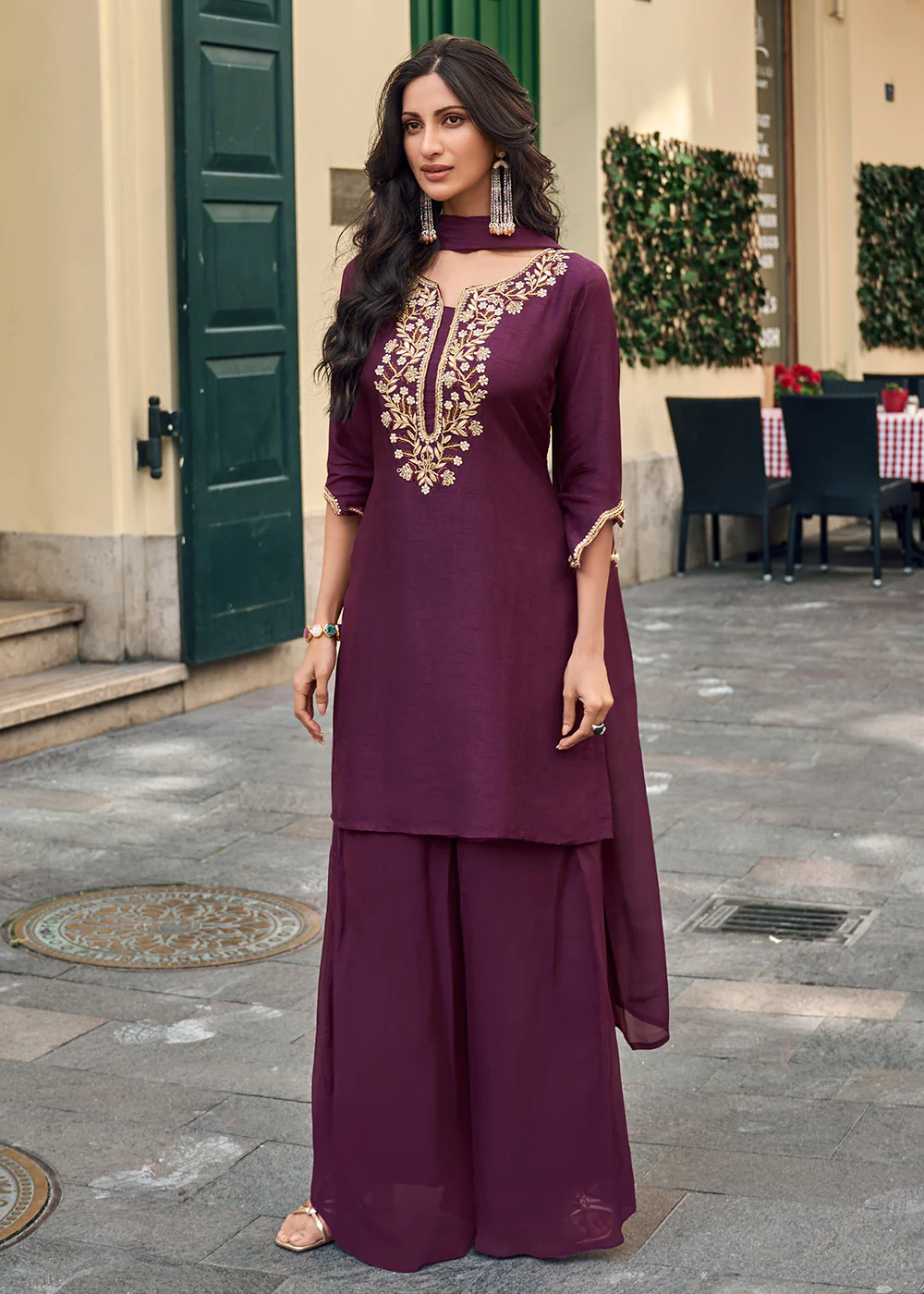 Purple Viscose Jacquard Silk Festive Style Sharara Suit