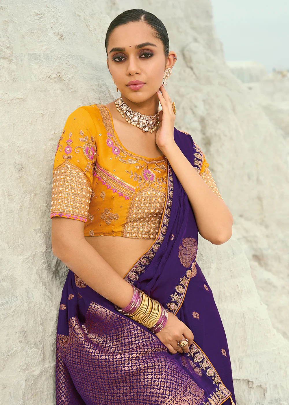 Purple  Viscose Organza Traditional Embroidered Saree - Image 2