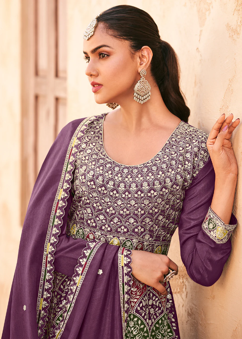 Purple Wedding Wear Embroidered Palazzo Style Suit - Image 2
