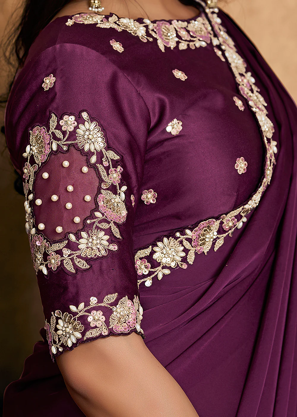 Purple Wine Embroidered Wedding Festive Wear Saree - Image 5
