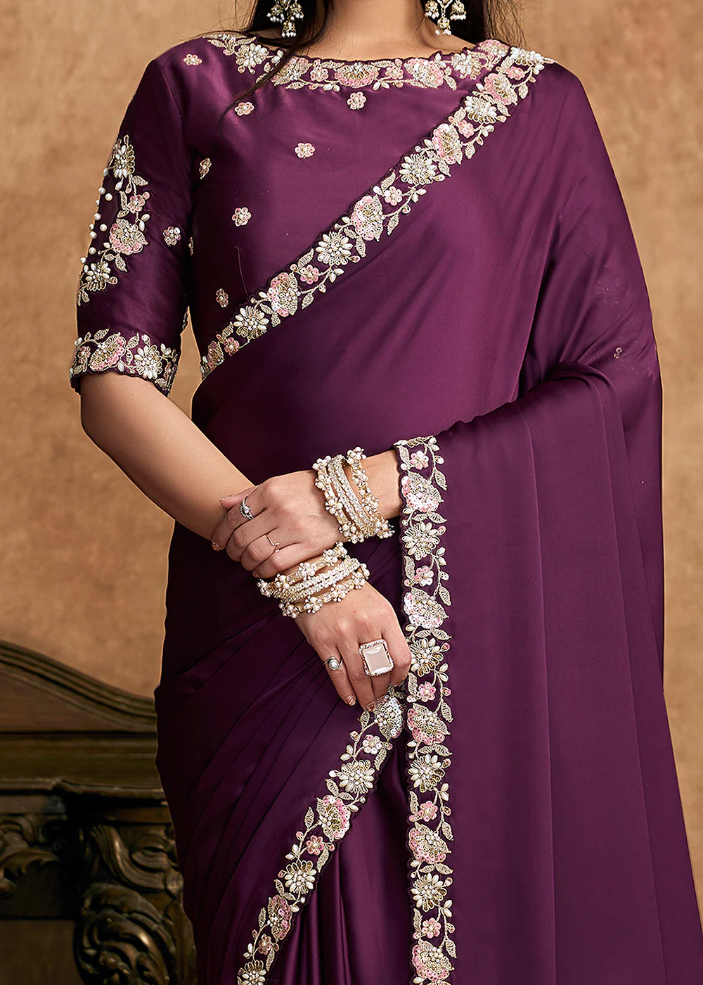 Purple Wine Embroidered Wedding Festive Wear Saree - Image 6