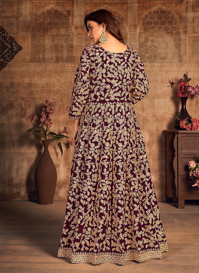 Purple Wine Velvet Abaya Style Floor Length Anarkali Suit - Image 2