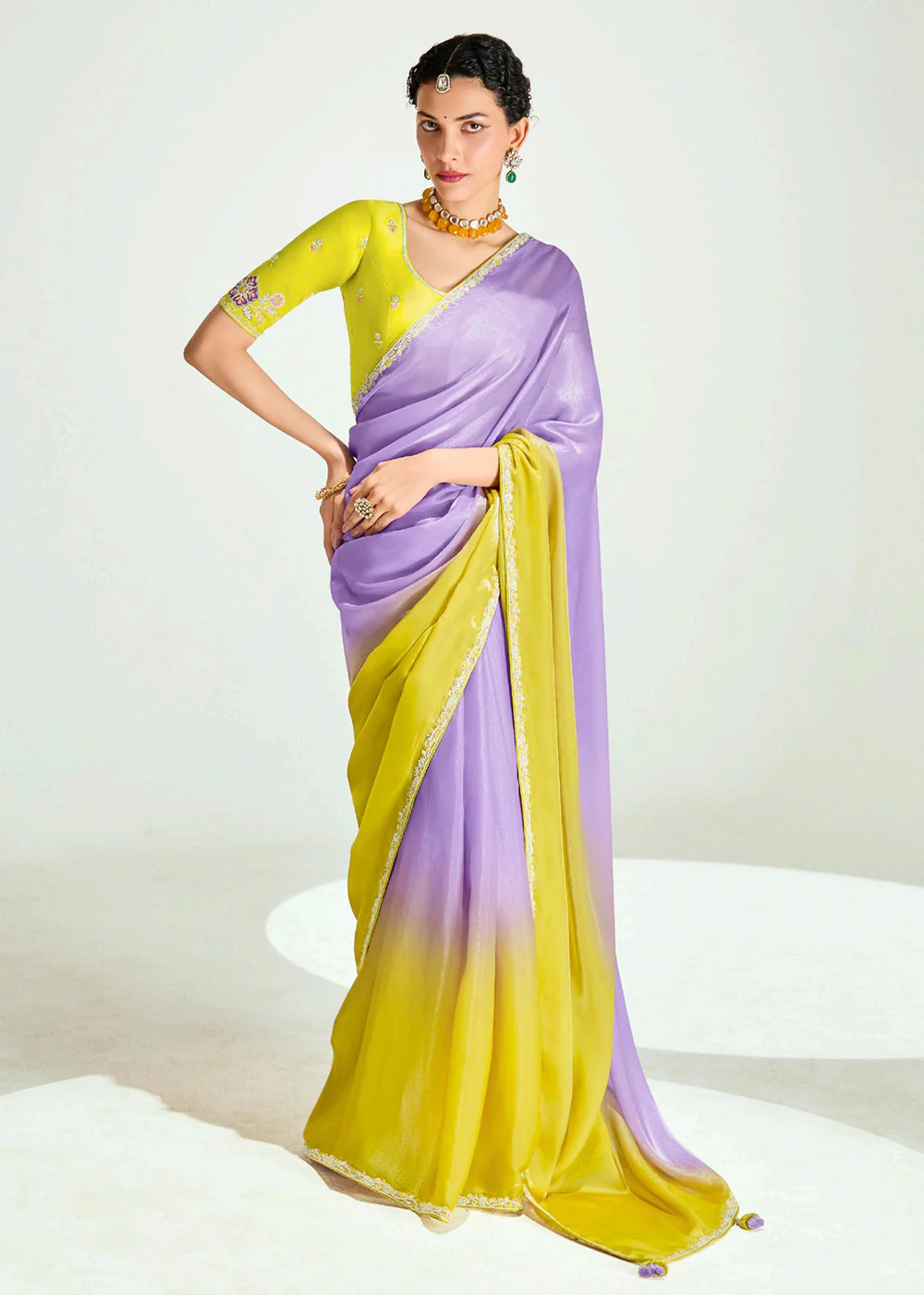Purple & Yellow Organza Tissue Designer Party Wear Saree