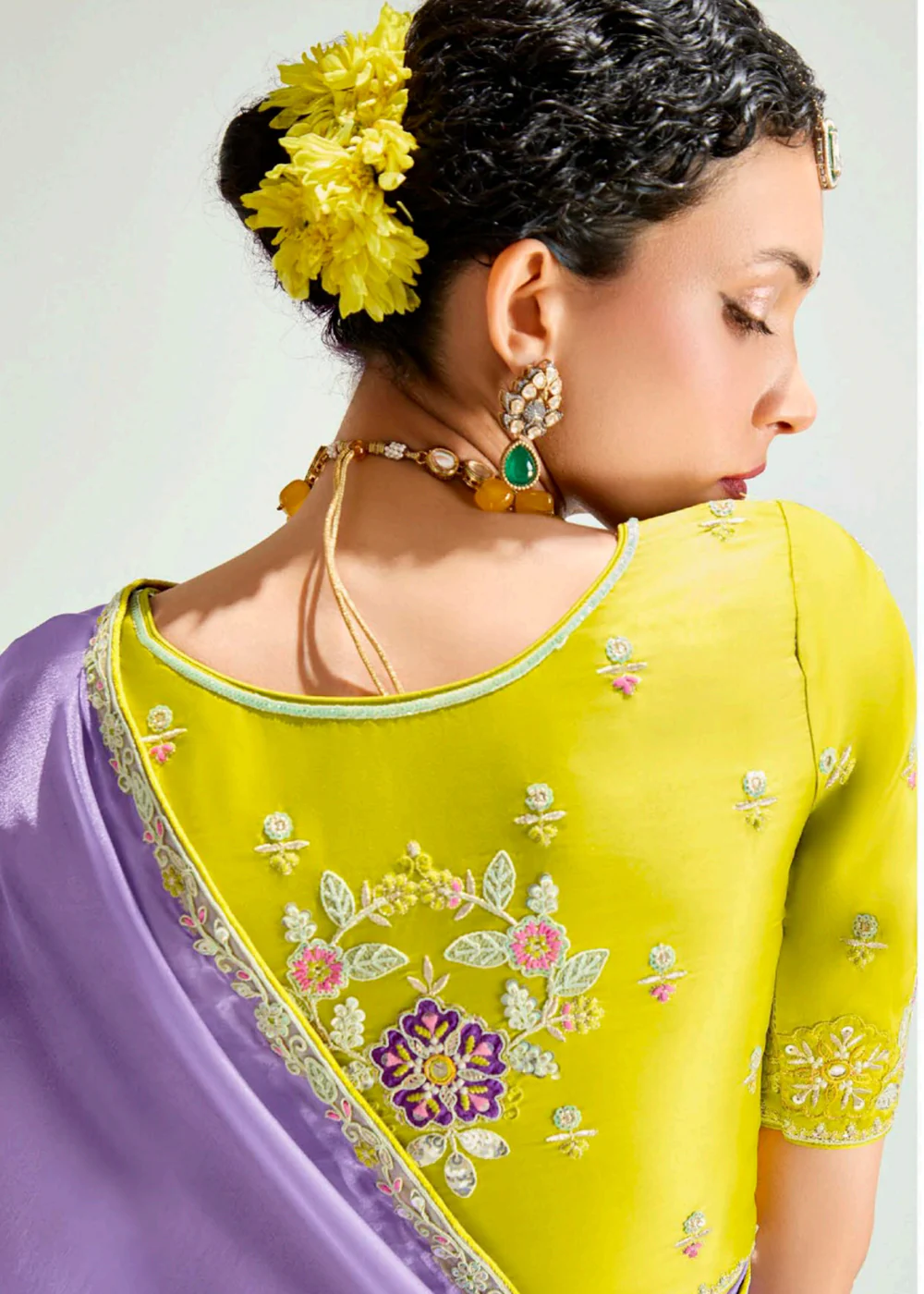 Purple & Yellow Organza Tissue Designer Party Wear Saree - Image 3