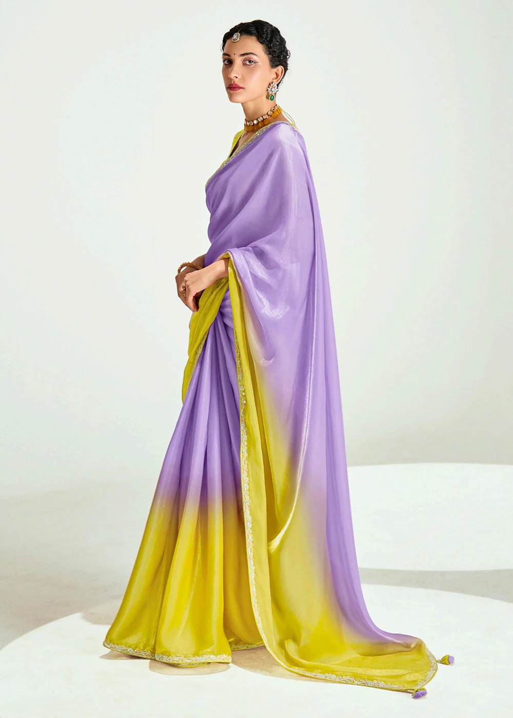 Purple & Yellow Organza Tissue Designer Party Wear Saree - Image 4