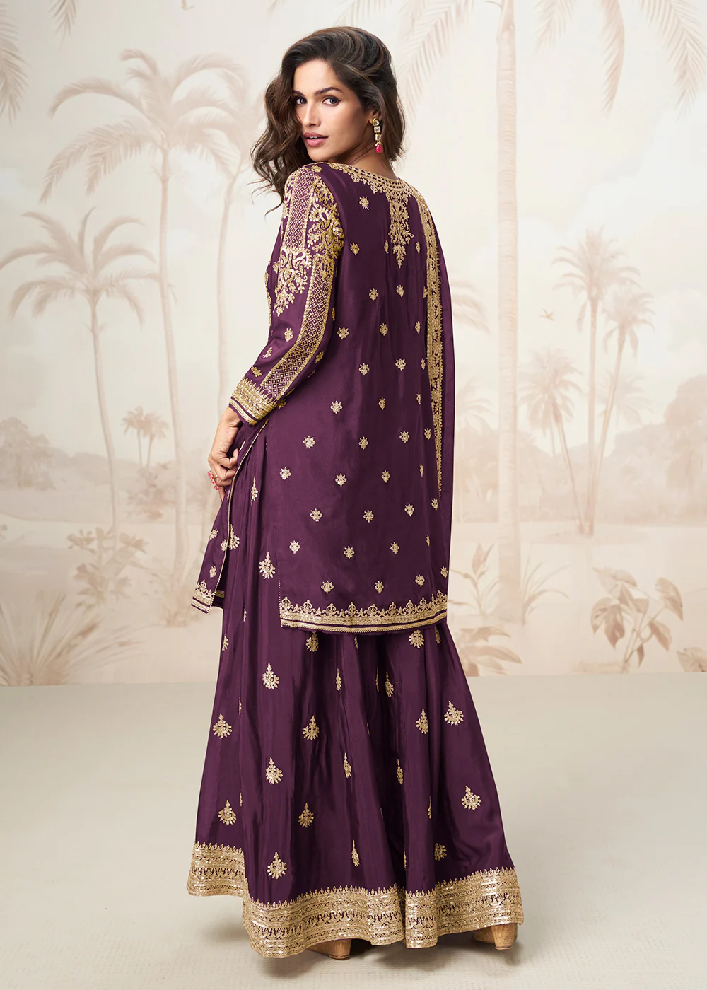 Purple Zari & Sequins Work Wedding Party Palazzo Suit - Image 2