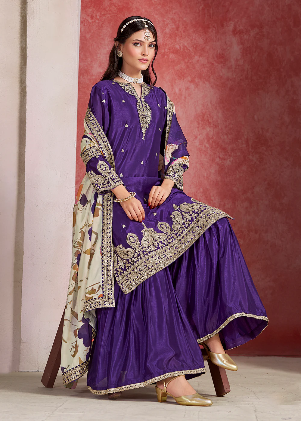 Purple Zari Threads Work Festive Gharara Style Suit - Image 3