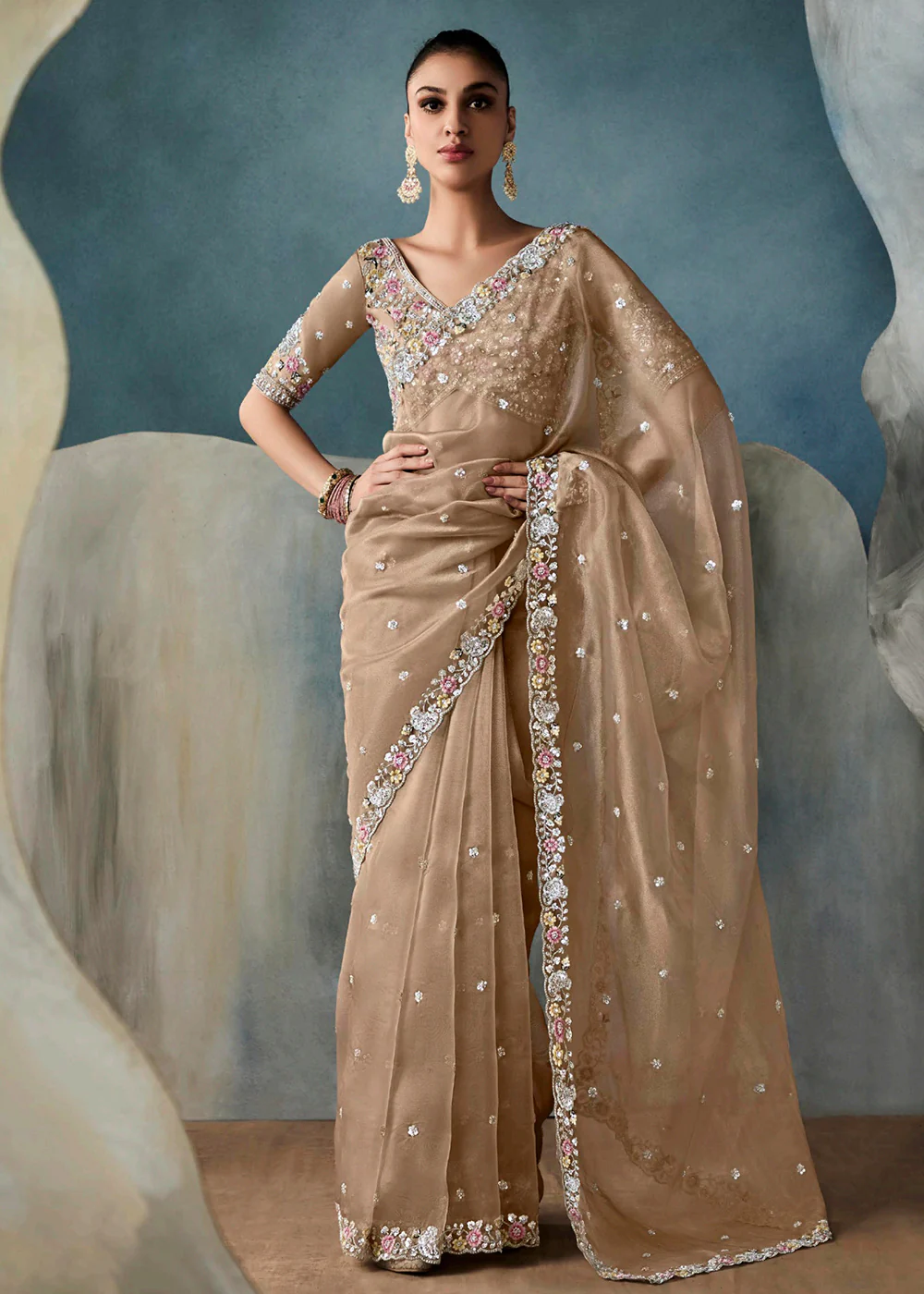 Radiant Beige Tissue Saree with Handcrafted Cutwork Border