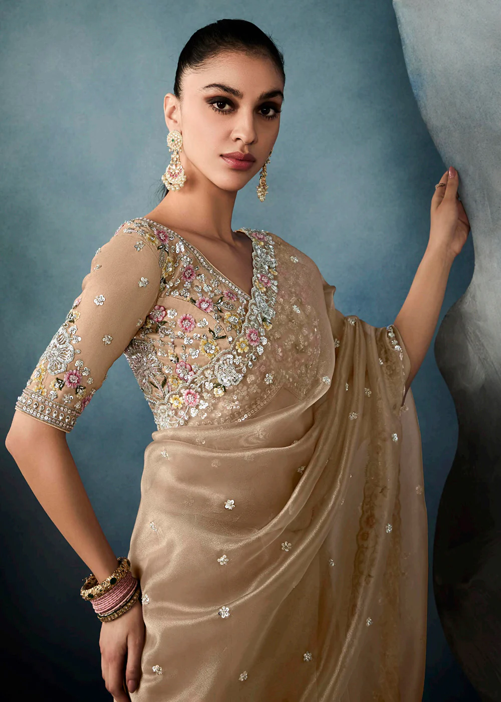 Radiant Beige Tissue Saree with Handcrafted Cutwork Border - Image 2