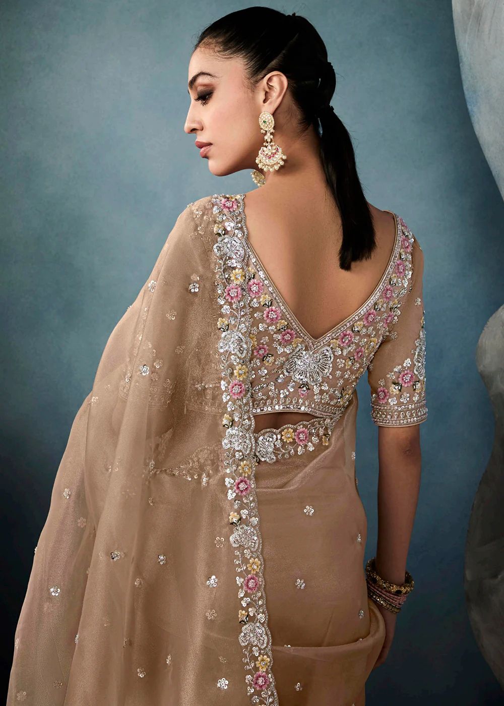 Radiant Beige Tissue Saree with Handcrafted Cutwork Border - Image 3
