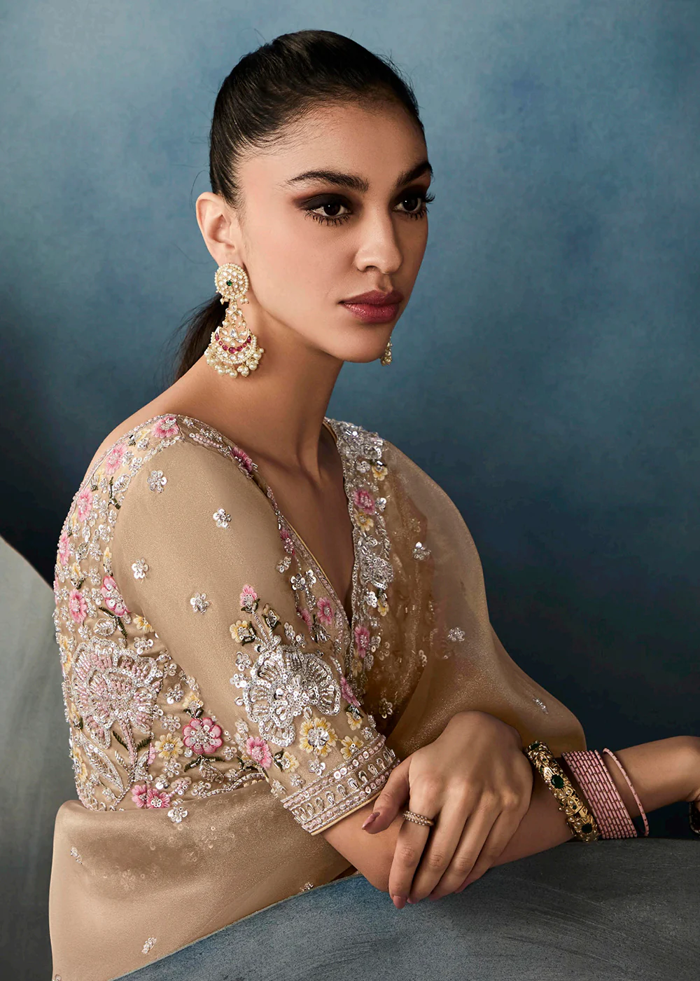 Radiant Beige Tissue Saree with Handcrafted Cutwork Border - Image 4
