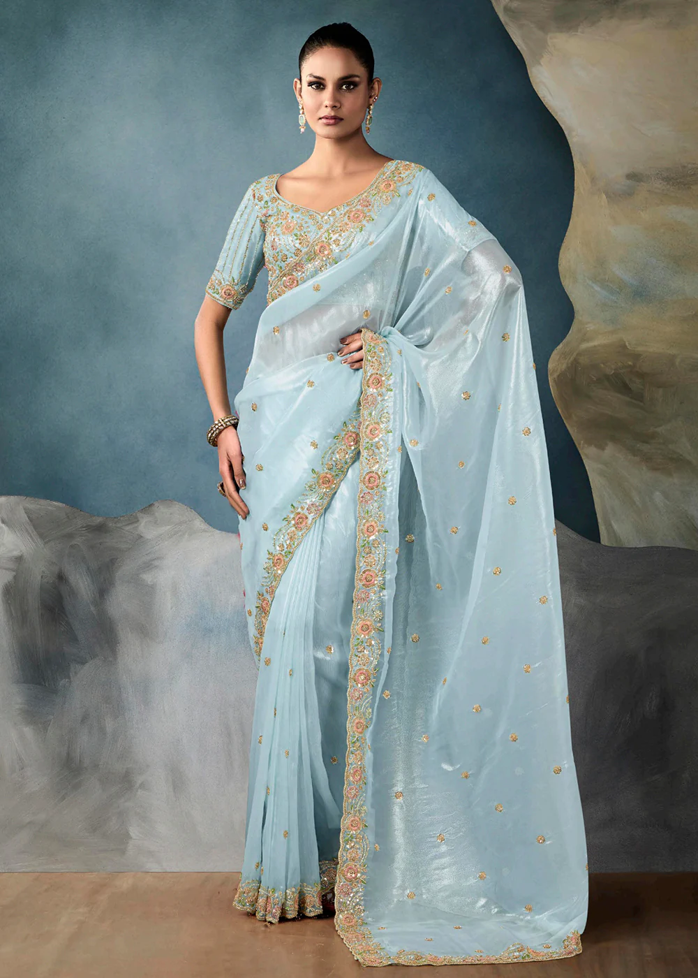 Radiant Blue Tissue Saree with Handcrafted Cutwork Border