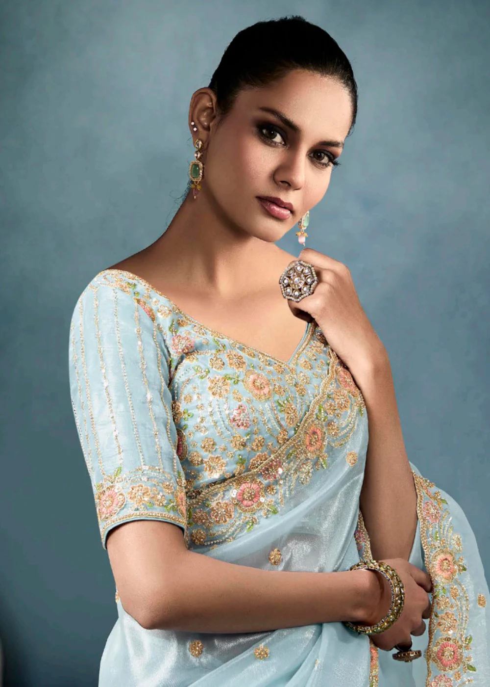 Radiant Blue Tissue Saree with Handcrafted Cutwork Border - Image 2