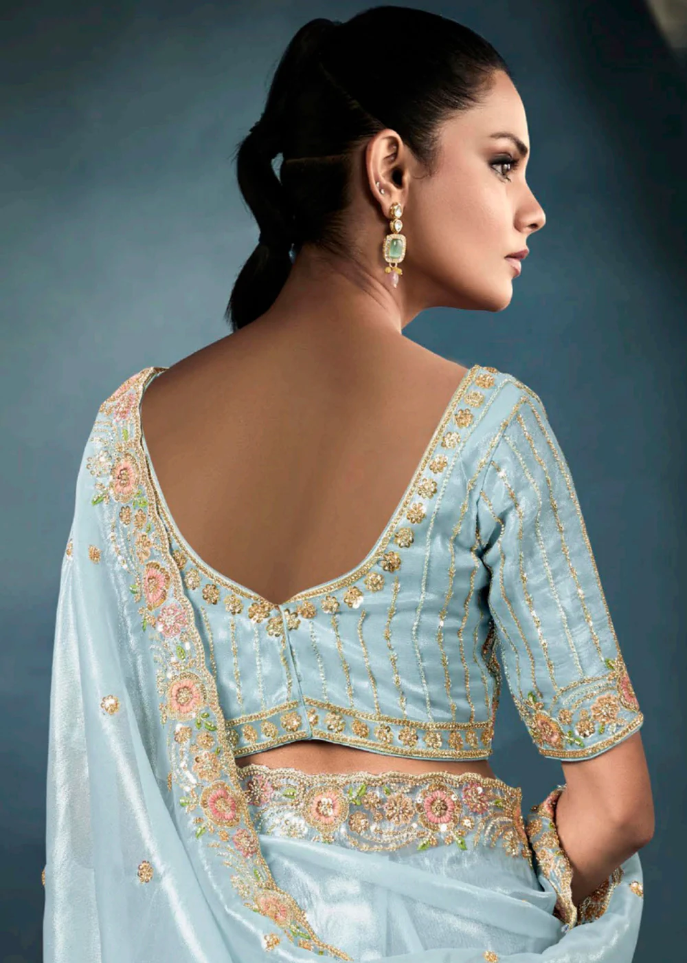 Radiant Blue Tissue Saree with Handcrafted Cutwork Border - Image 3