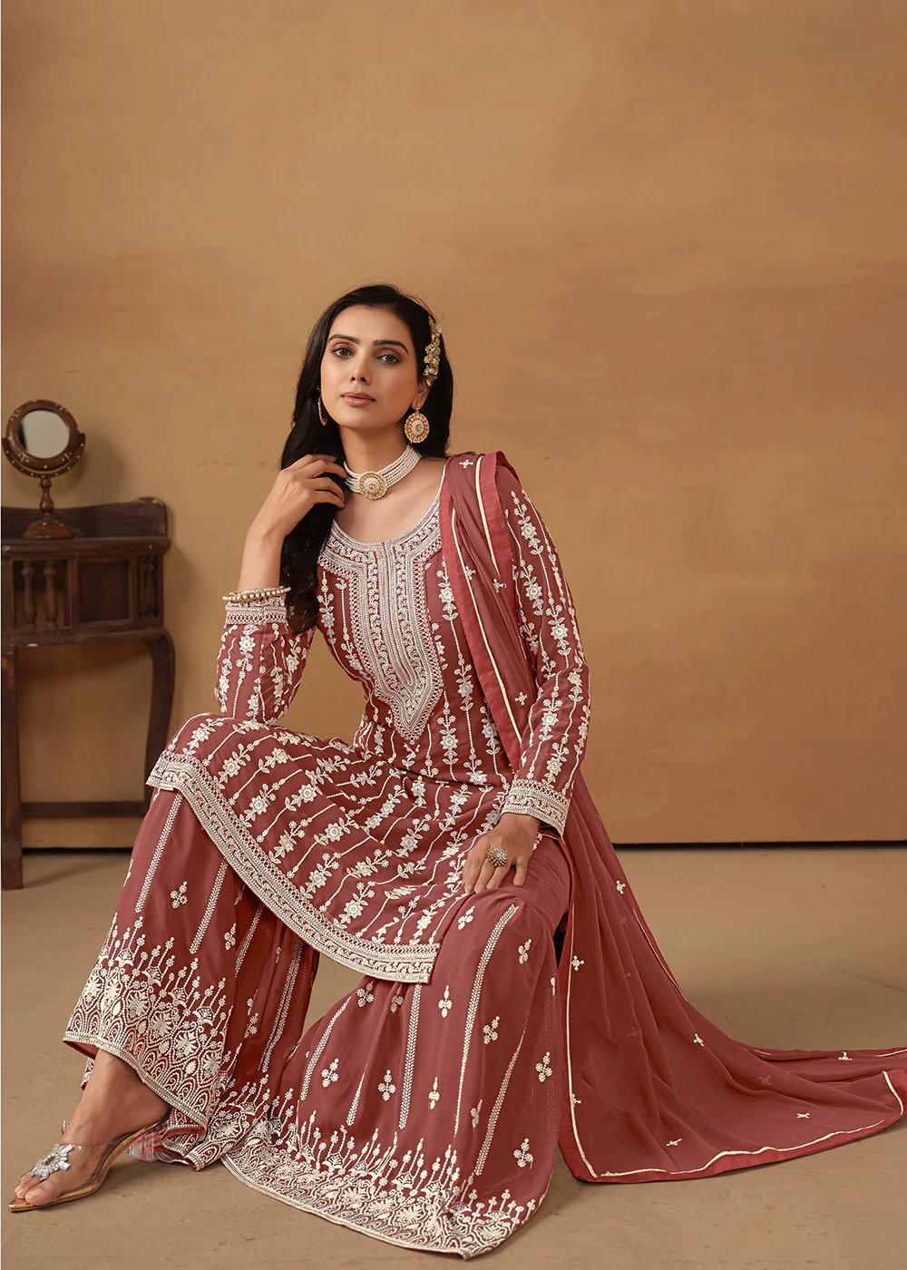Radiant Brown Embroidered Wedding Festive Gharara Suit - Image 3