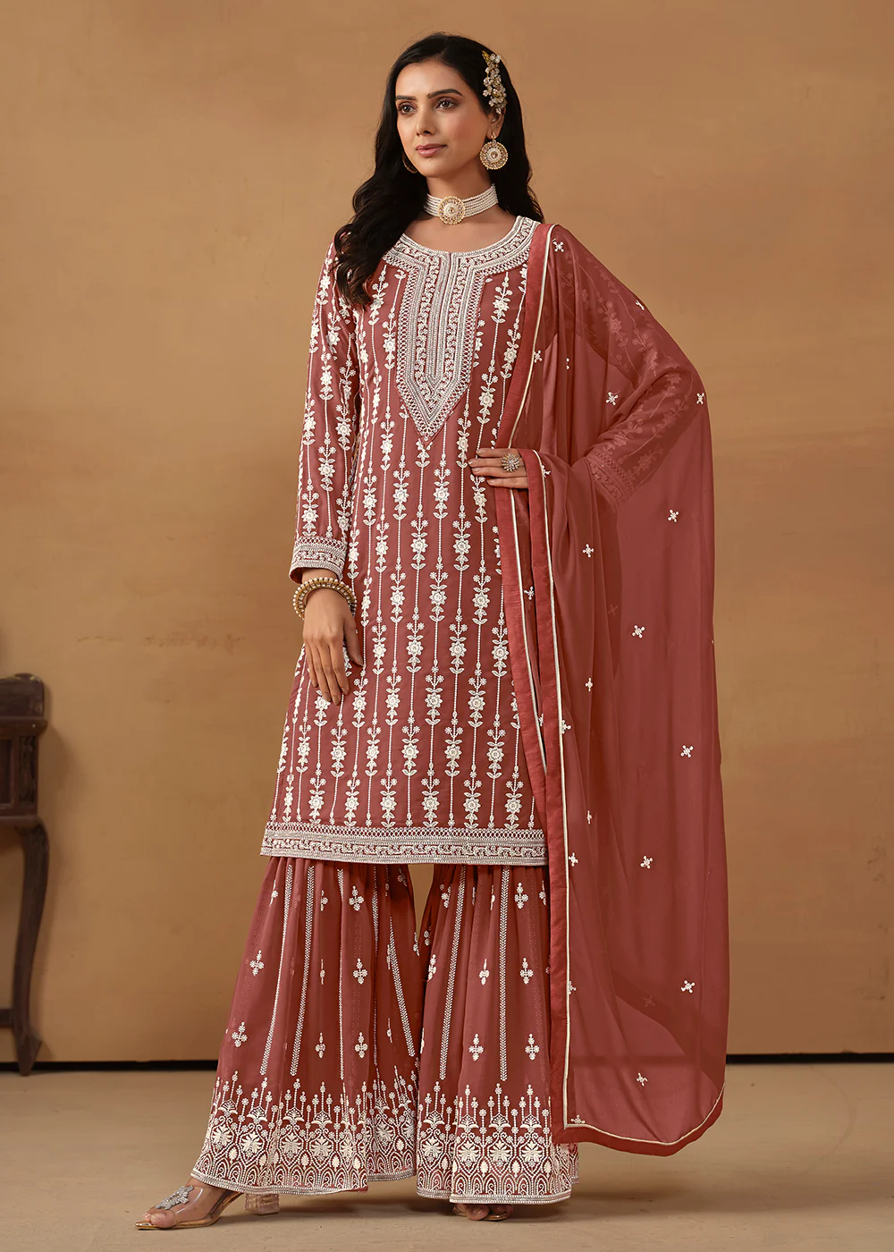 Radiant Brown Embroidered Wedding Festive Gharara Suit - Image 4