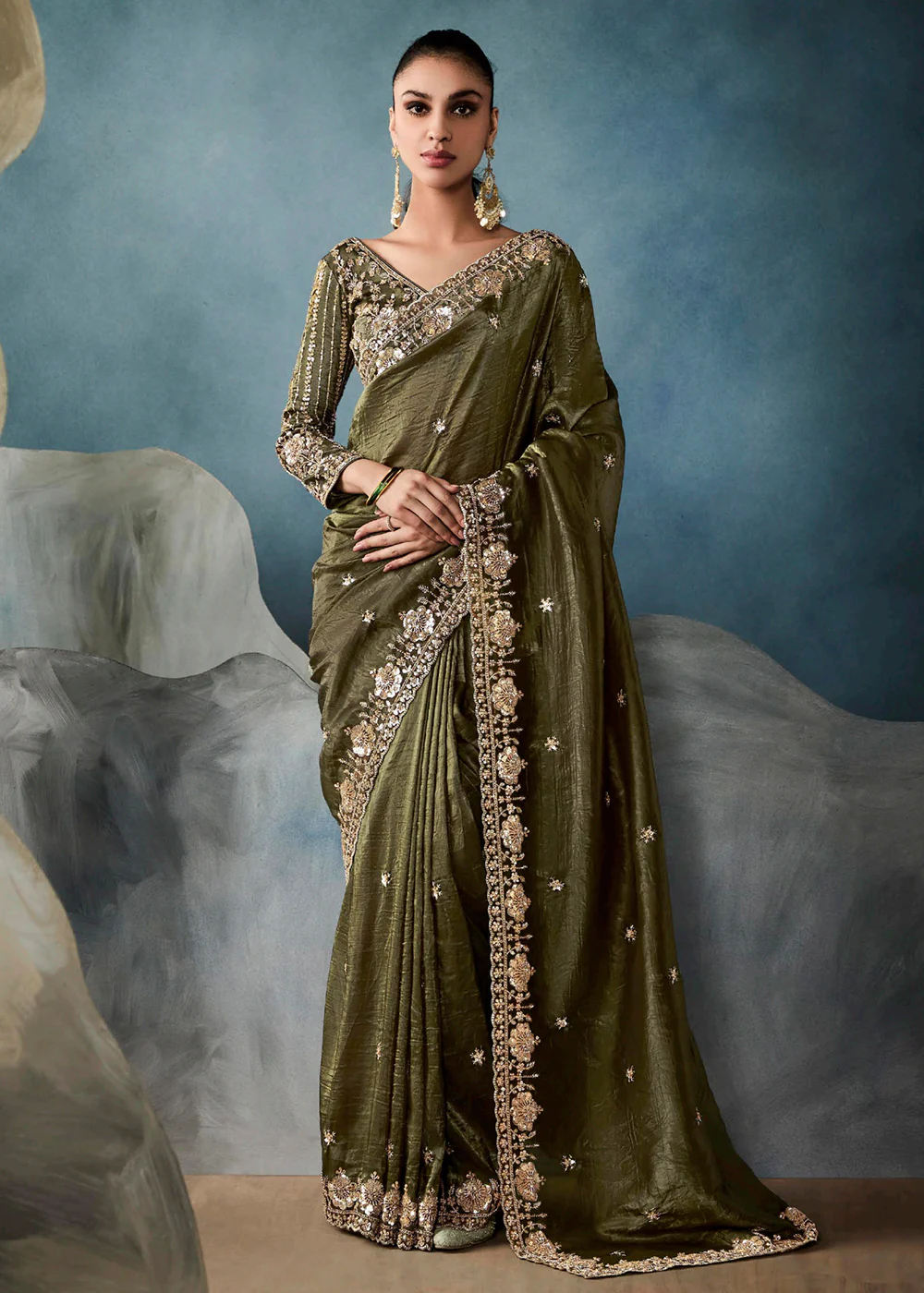 Radiant Green Tissue Saree with Handcrafted Cutwork Border