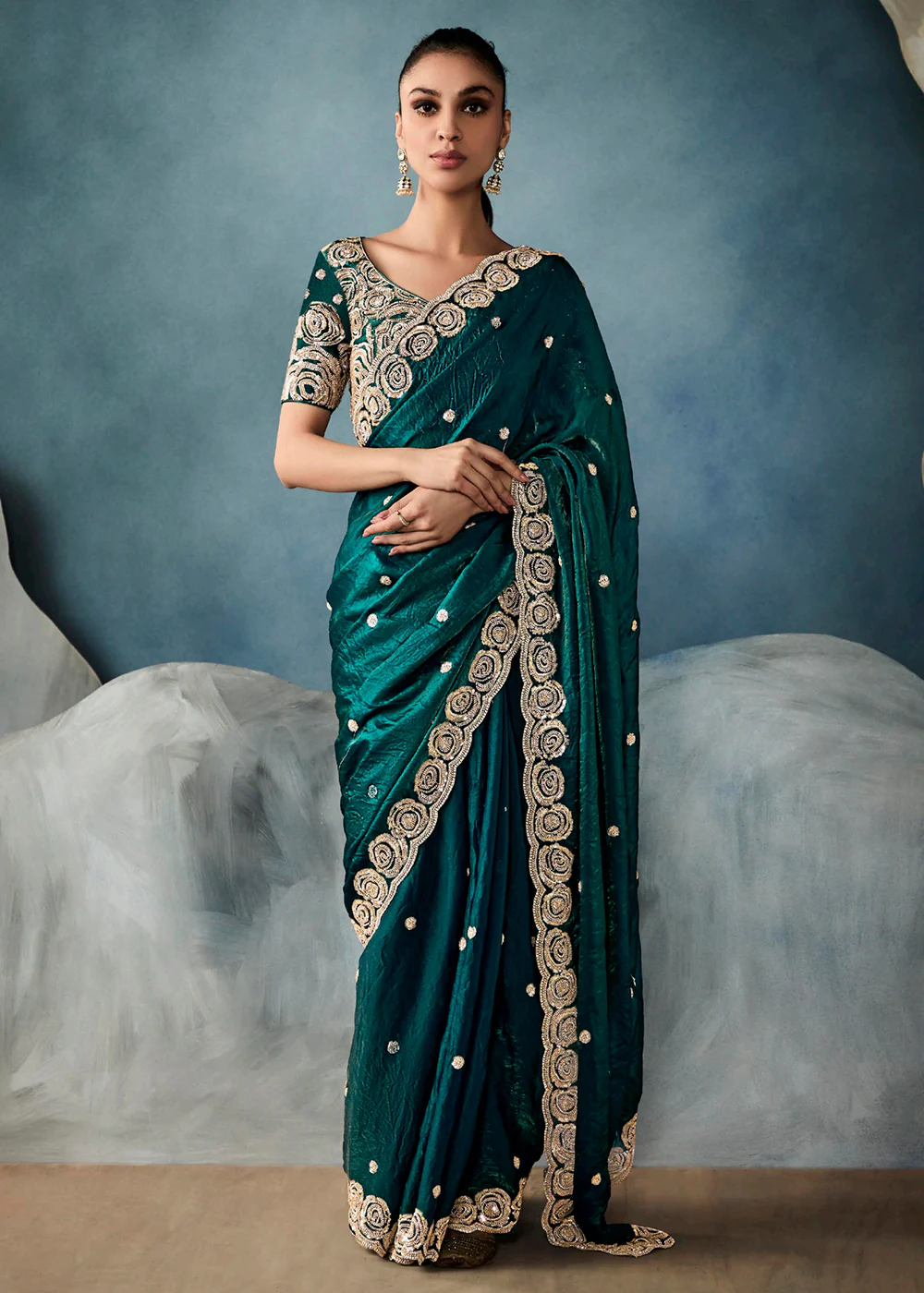 Radiant Green Tissue Saree with Handcrafted Cutwork Border