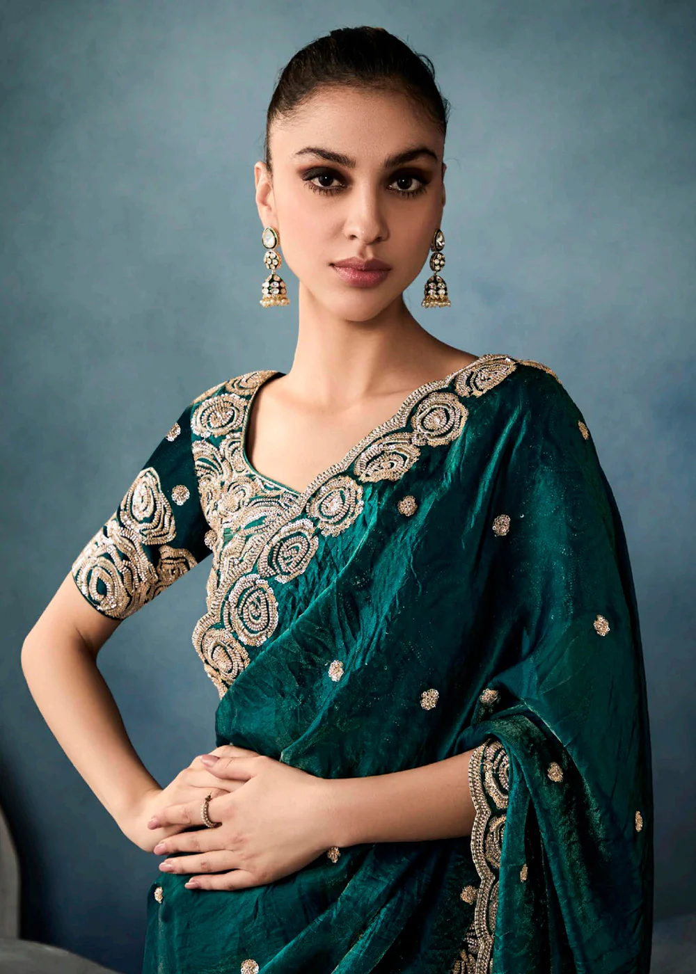 Radiant Green Tissue Saree with Handcrafted Cutwork Border - Image 2