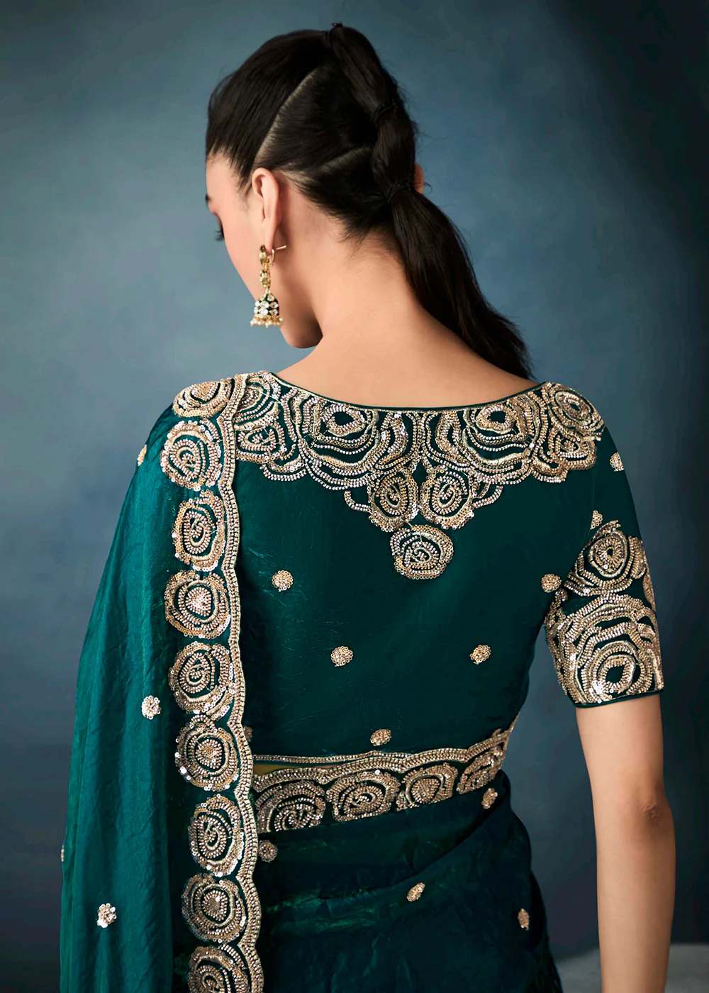 Radiant Green Tissue Saree with Handcrafted Cutwork Border - Image 3