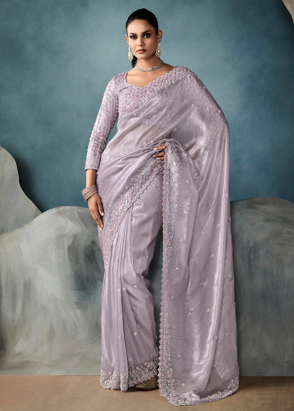 Radiant Lavender Tissue Saree with Handcrafted Cutwork Border