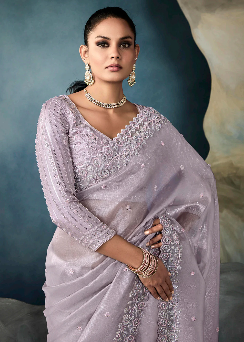 Radiant Lavender Tissue Saree with Handcrafted Cutwork Border - Image 2