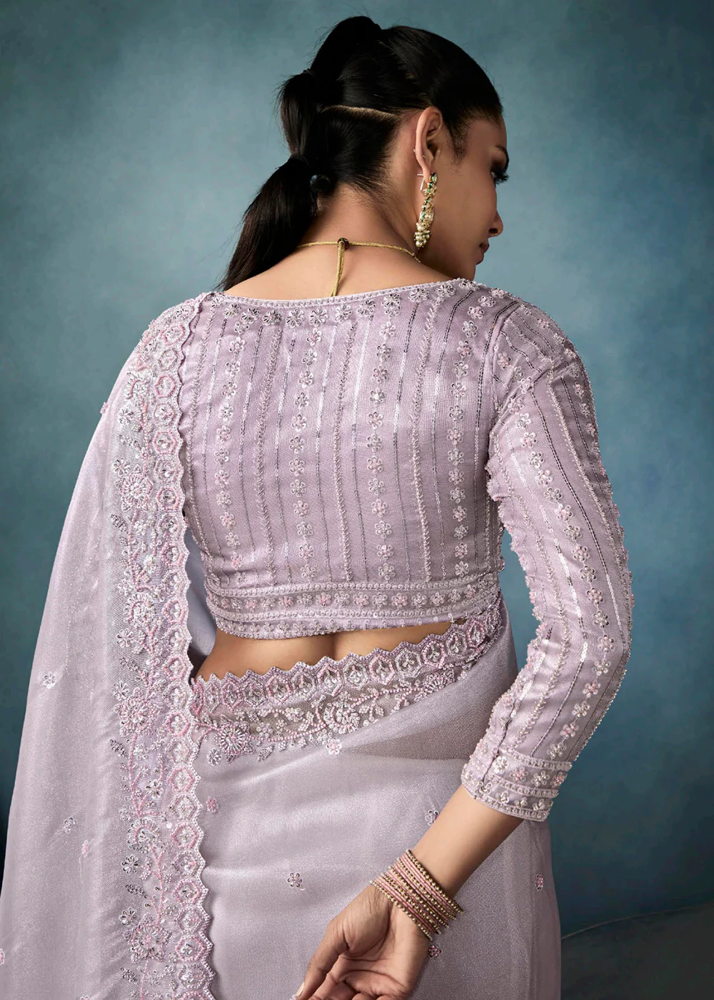 Radiant Lavender Tissue Saree with Handcrafted Cutwork Border - Image 3