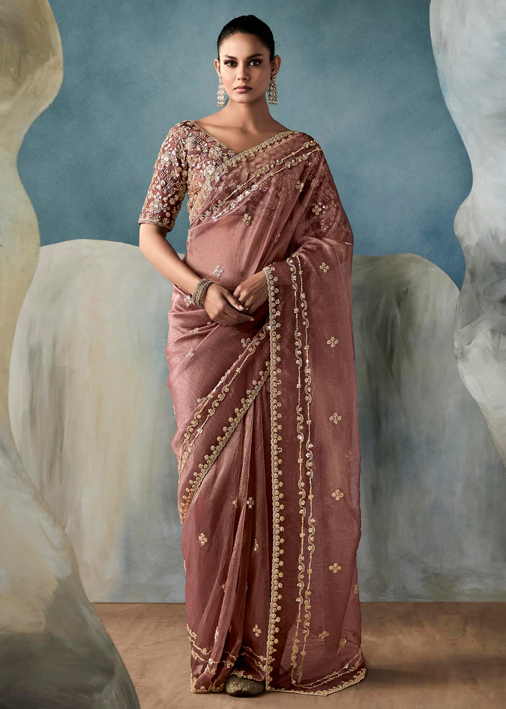 Radiant Mauve Tissue Saree with Handcrafted Cutwork Border