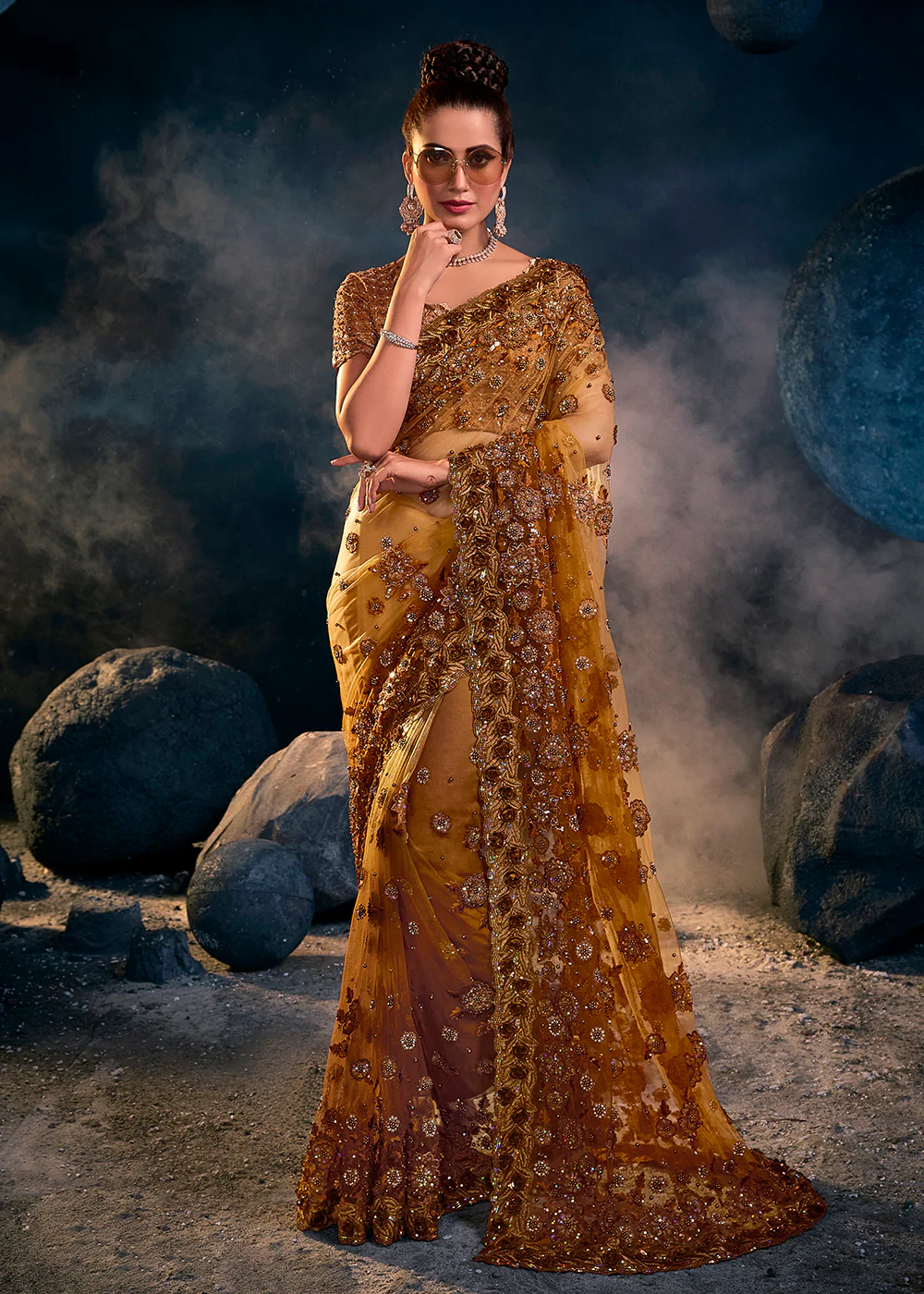 Radiant Mustard Premium Net Heavy Embroidered Designer Saree
