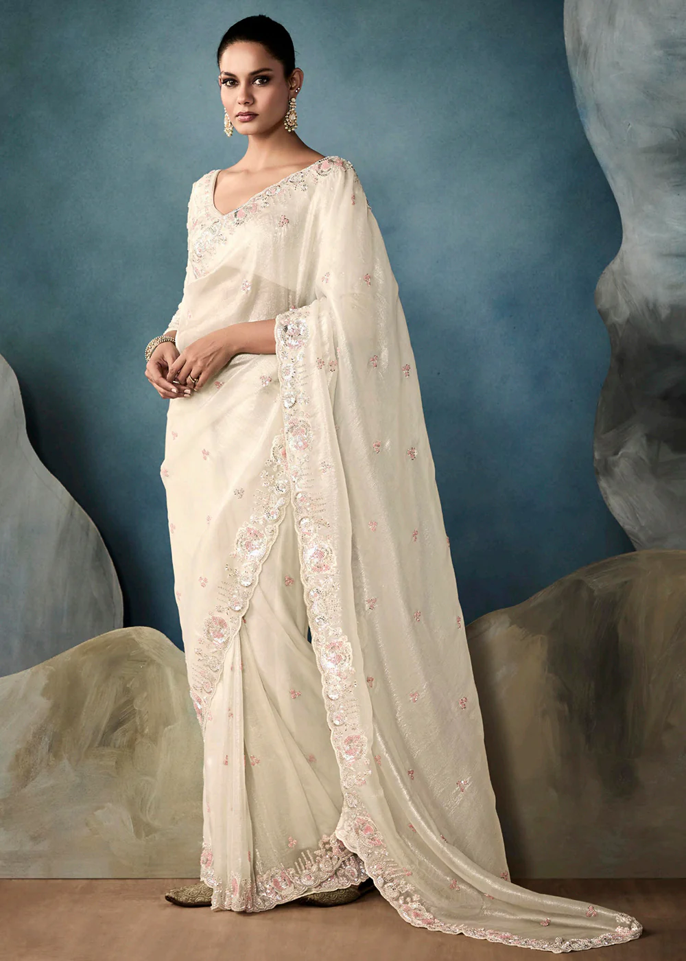 Radiant Off White Tissue Saree with Handcrafted Cutwork Border