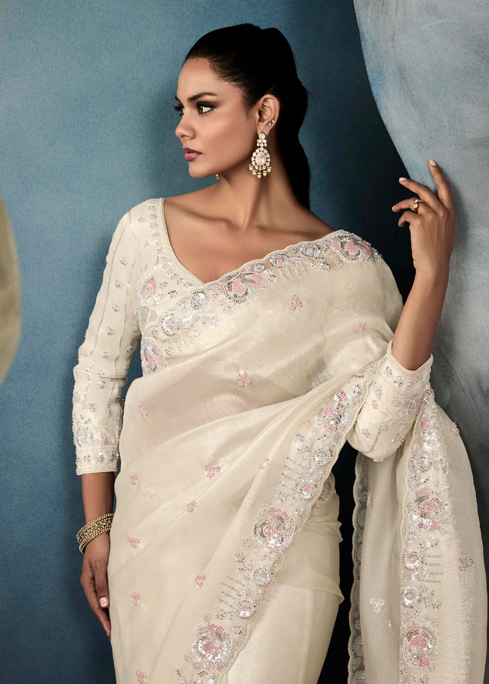 Radiant Off White Tissue Saree with Handcrafted Cutwork Border - Image 2