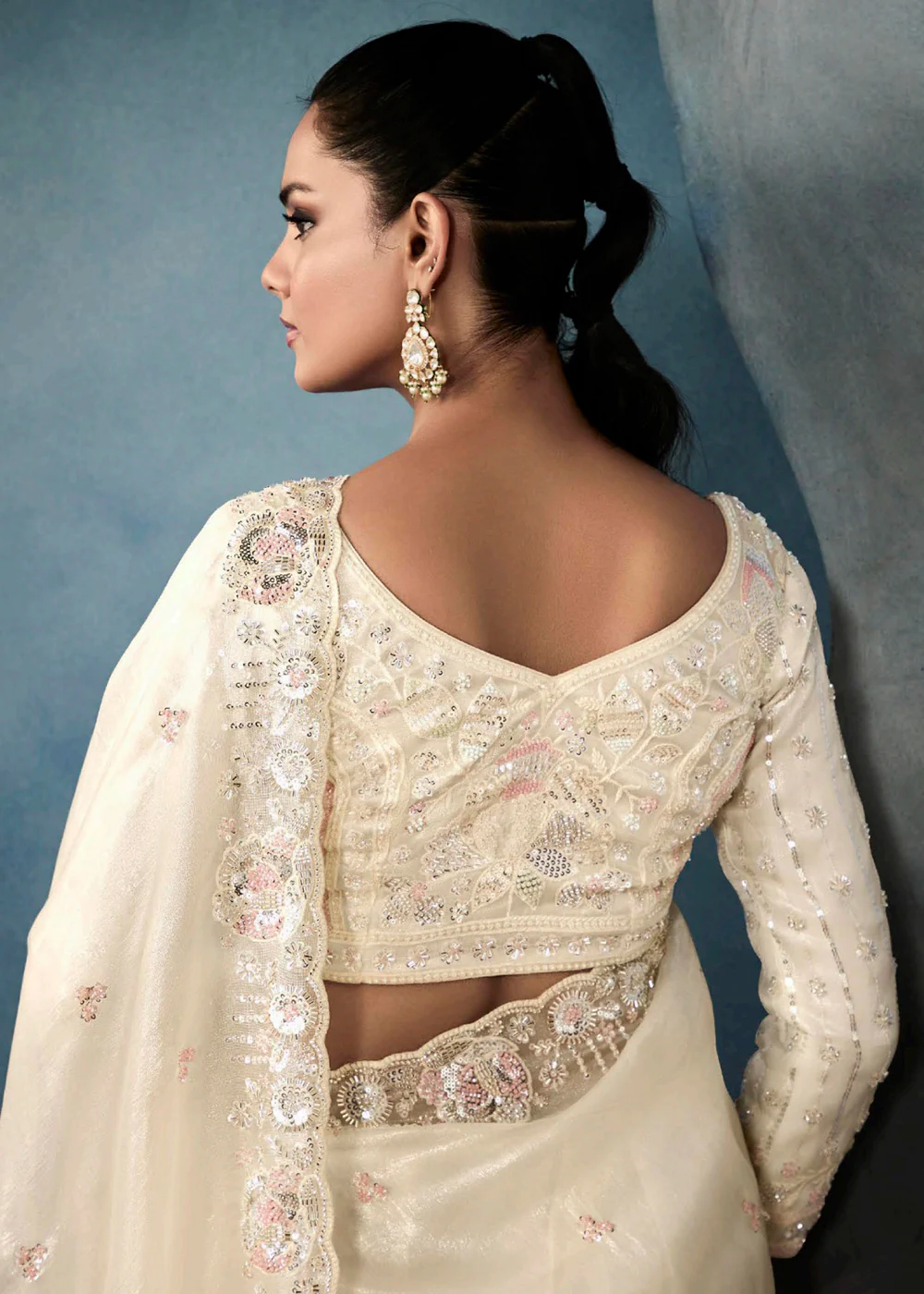 Radiant Off White Tissue Saree with Handcrafted Cutwork Border - Image 3