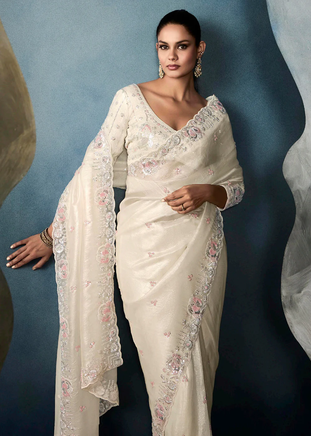 Radiant Off White Tissue Saree with Handcrafted Cutwork Border - Image 4