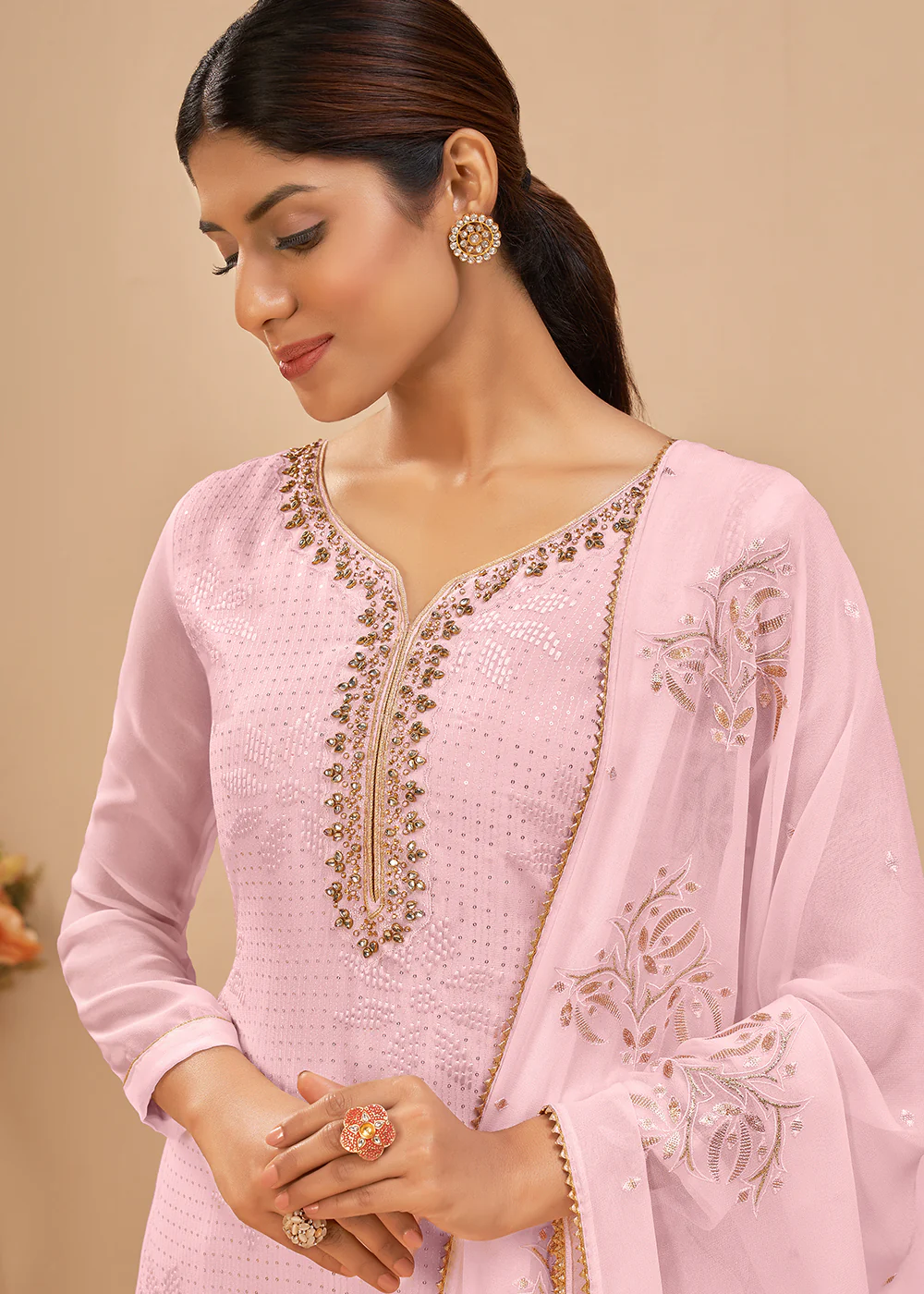 Radiant Pink Sequins & Khatli Work Festive Palazzo Suit - Image 2