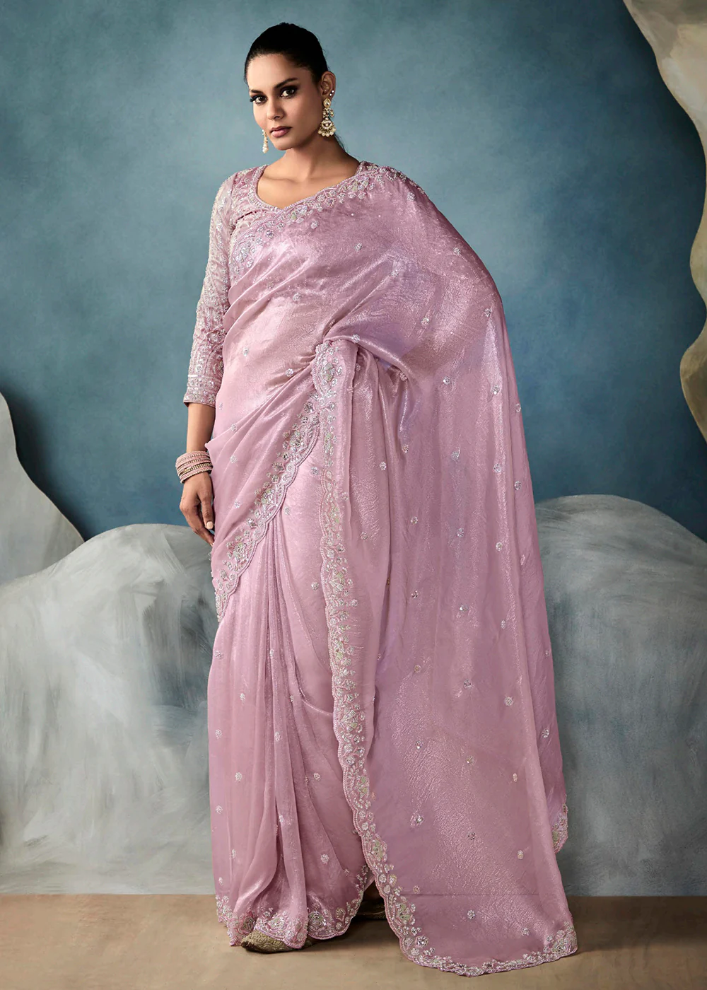 Radiant Pink Tissue Saree with Handcrafted Cutwork Border